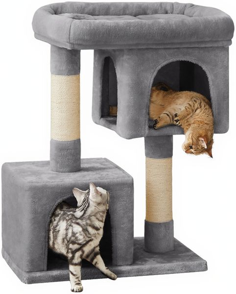 FEANDREA Kratzbaum mit Großer 84cm Plattform und 2 Plüschhöhlen Spielhaus, Kletterbaum für Katzen hellgrau von SONGMICS PCT61W