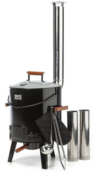 Skandika Topf-Set Gulaschkanone, 14 Liter Gulaschkessel, Thermometer im Deckel, Zubehör Grillzange, Suppenkelle, Ofenhandschuh, Grillrost, Holzgriffe