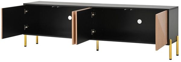 BlingBin Lowboard TV-Schrank Fernsehschrank TV-Ständer (Einzigartiges im Farbblock-Design, 1 St, mit 4 Türen und 5 Metallbeine), 179L x 35B x 53,5H cm, Schwarz + Natur