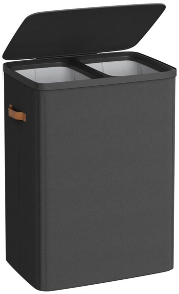 SONGMICS Wäschekorb, 2 Fächer, Polyester tintenschwarz, 40 x 56 x 75 cm, 170 L