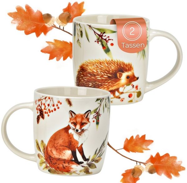 matches21 HOME & HOBBY Tasse Herbst Tassen Fuchs & Igel, 350 ml Kaffeetasse aus Porzellan, 2-tlg, Porzellan, Spülmaschinenfeste & Mikrowellengeeignete Teetasse
