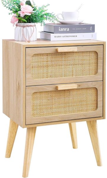Nachttisch Rattan Holz Beistelltisch 2 Schubladen Hand Made Boho Couch Lagerung
