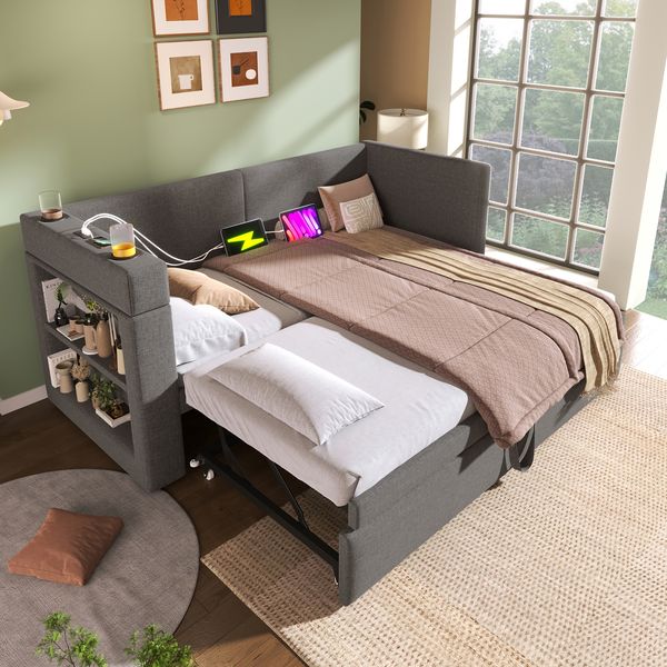 Merax Einzelbett, Daybett, 90x200 cm, Schlafsofa mit Ausziehbett, Armlehnen mit USB- & Type-C-Ladeanschluss und Getränkehalter, Leinen-Mischgewebe, Grau