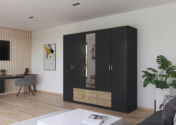 rauch Kleiderschrank, Drehtürenschrank GAMMA, 5-türig, 1 Spiegeltüre teilaufgelegt, 6 Schubkästen, Grau metallic, 226 x 210 x 54 cm