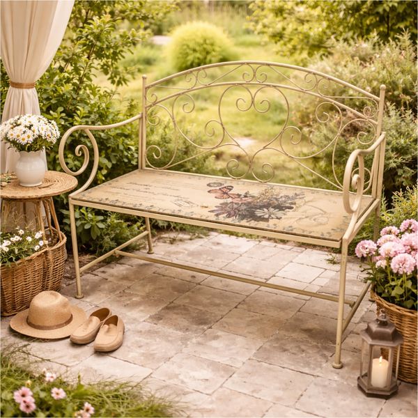 HTI-Living Gartenbank Gartenbank Schmetterling Metall creme mit dekorativer Motiv Sitzfläche (1x Gartenbank Schmetterling aus Metall)