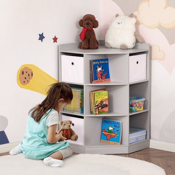 HOMCOM Kinderregal Spielzeugablage, Eckregal mit 3 Aufbewahrungsboxen 1-tlg, für Kinderzimmer, für 3-12 Jahre Kinder, Grau