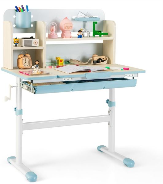 Höhenverstellbarer Kinderschreibtisch mit Neigbarer Tischplatte &Regalen &Schublade Studiertisch Blau