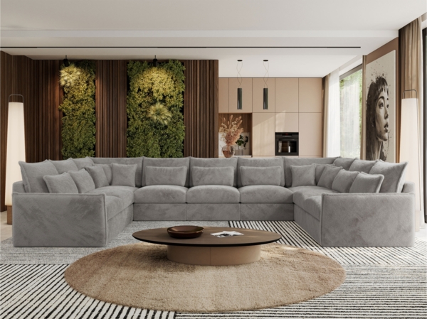 XXL U-förmige Ecksofa, modulares Ecksofa mit losen Kissen, Wohnlandschaft, universelles Ecksofa für das Wohnzimmer - VERSO U 9M - Hellgrau Plüschstoff Bild 4