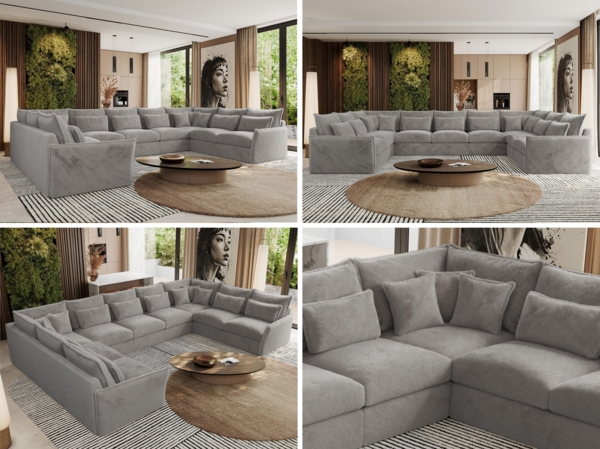XXL U-förmige Ecksofa, modulares Ecksofa mit losen Kissen, Wohnlandschaft, universelles Ecksofa für das Wohnzimmer - VERSO U 9M - Hellgrau Plüschstoff Bild 2