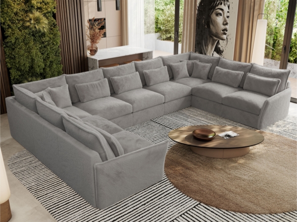 XXL U-förmige Ecksofa, modulares Ecksofa mit losen Kissen, Wohnlandschaft, universelles Ecksofa für das Wohnzimmer - VERSO U 9M - Hellgrau Plüschstoff Bild 1