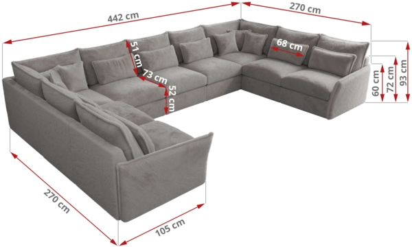 XXL U-förmige Ecksofa, modulares Ecksofa mit losen Kissen, Wohnlandschaft, universelles Ecksofa für das Wohnzimmer - VERSO U 9M - Hellgrau Plüschstoff Bild 8