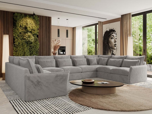 XXL U-förmige Ecksofa, modulares Ecksofa mit losen Kissen, Wohnlandschaft, universelles Ecksofa für das Wohnzimmer - VERSO U 9M - Hellgrau Plüschstoff Bild 3