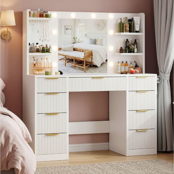 HOMALL Schminktisch Mit dreifarbiger LED-Beleuchtung, mit Spiegel, optional mit Hockern (Maße: 110 x 40 x 137 cm, mit 10 kugelförmigen Lampen, deren Helligkeit und Farbtemperatur einstellbar sind, sowie einer Schublade. Ausgestattet mit 1 USB-Anschluss...