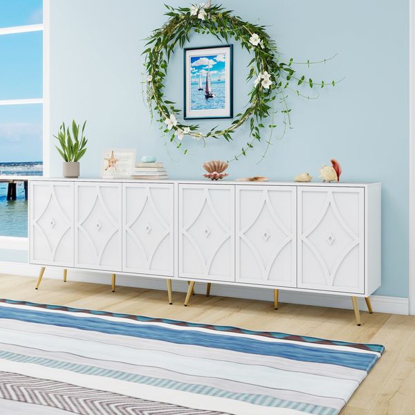 Sideboard mit 3-türiges,3D-Schnitzmuster, modernes Anrichte-Sideboard aus MDF mit melaminbeschichteter Oberfläche, mattweiß