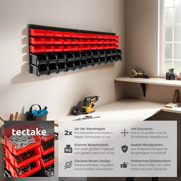 tectake Regal 2er Set Wandregal Stapelboxen, 2er Set 2-tlg, 62-teilig