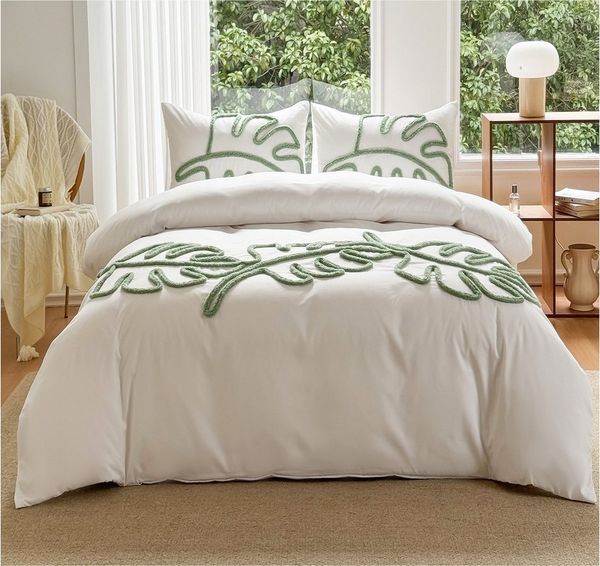 ibettertec Bettwäsche Getuftet Bettwäsche Set 135X200cm,200x200cm Grüne Blätter Boho, Stickerei Wendebettwäsche mit Reißverschluss und Kissenbezüge 80x80cm