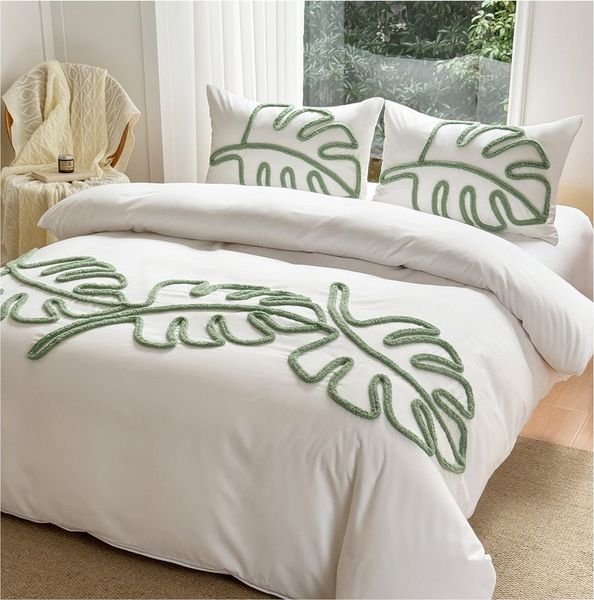 ibettertec Bettwäsche Getuftet Bettwäsche Set 135X200cm,200x200cm Grüne Blätter Boho, Stickerei Wendebettwäsche mit Reißverschluss und Kissenbezüge 80x80cm