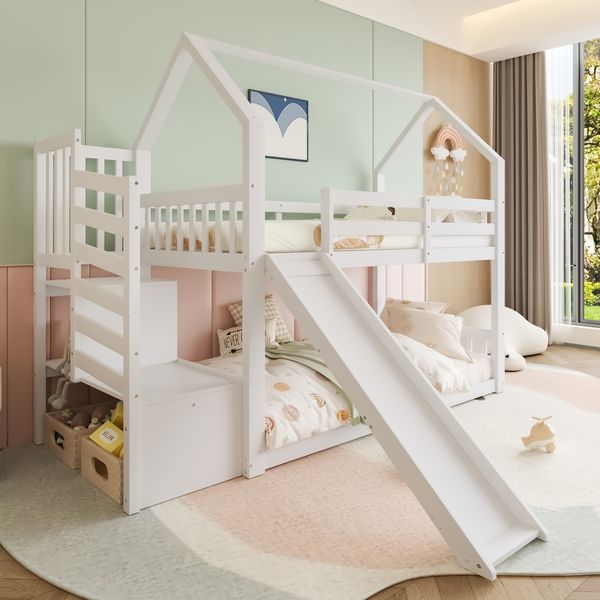 Kinderbett 90x200 cm Hausbett mit Rutsche und Stauraumtreppe,Kinderzimmer Hochbett,weiß