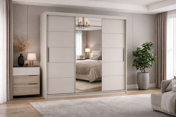 MOEBLO Schiebetürenschrank ELBA I Kaschmir mit Spiegel (Kleiderschrank - großer Spiegel, dekorative Aluminiumleisten, Kleiderstange & Einlegeböden, platzsparende Schiebetüren für Schlafzimmer, Flur oder Ankleidezimmer) (BxHxT):250 x 218 x 61 cm