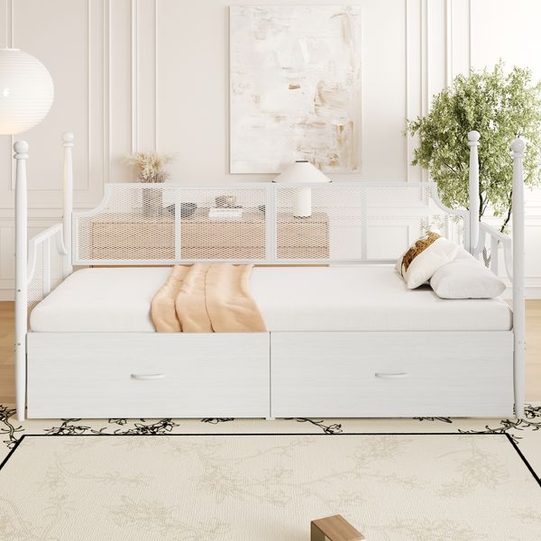 Kinderbett 90x200 cm Metalll-Sofabett mit Schubladen, Vintage-Pfosten und Netzrückenlehne, Weiß