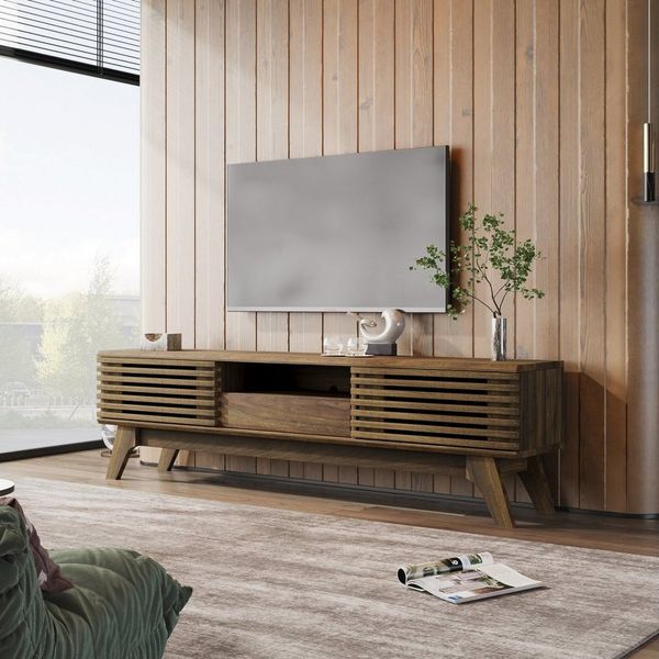 Merax Lowboard mit verstellbaren Einlegeböden, TV-Schrank, Fernsehtsich, TV-Schrank mit offene Ablage und Holzbeine,B/H/T: 150/44/35cm