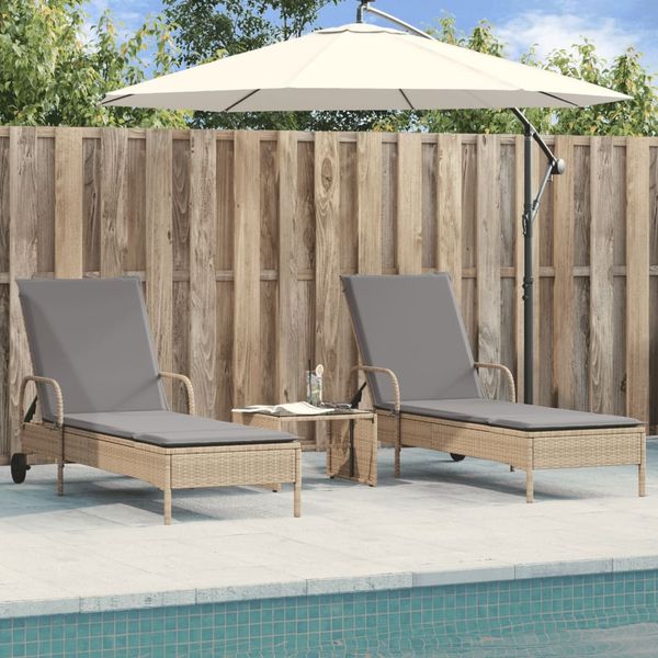 Sonnenliegen mit Auflagen 2 pcs, Gartenliege Beige Poly Rattan