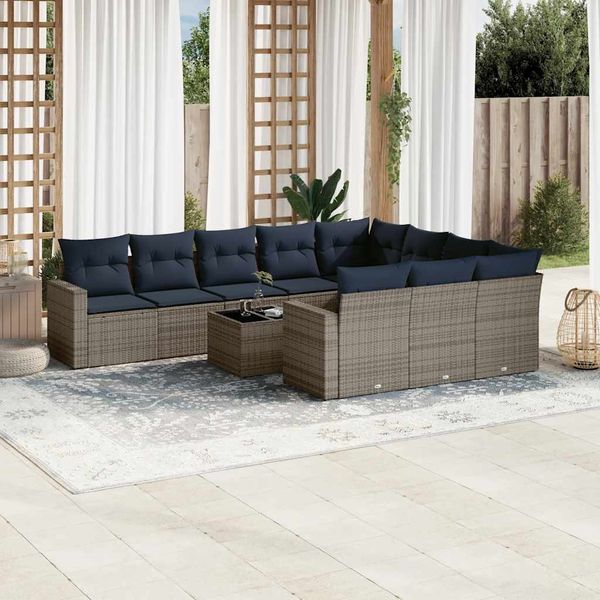 vidaXL 11-tlg. Garten-Sofagarnitur mit Kissen Grau Poly Rattan 3219491