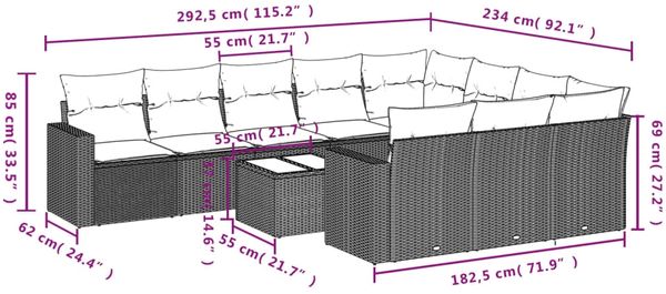 vidaXL 11-tlg. Garten-Sofagarnitur mit Kissen Grau Poly Rattan 3219491 Bild 8