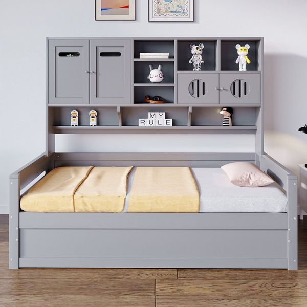 Merax Daybett (Kieferholz Sofabett Schlafsofa Jugendbett Kinderbett Einzelbett Schrankbett, 1 tlg), Tagesbett 90x200cm mit hydraulischem Stauraum, Schrank & Regalfächern