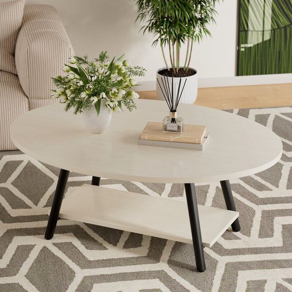 HawthyHome Couchtisch ovaler 2-stöckiger Beistelltisch mit Stauraum, 101 x 60 cm (1-St), Moderner Massivholztisch, ideal für Wohnzimmer und Schlafzimmer