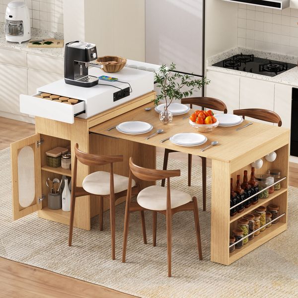 Merax Kücheninsel mit Rollen, Ausziehbarer Esstisch mit faltbarer Tischplatte, Bartisch mit Steckdosenleisten und Haken, dient als Kücheninsel, Sideboard oder Bartisch(Natur)