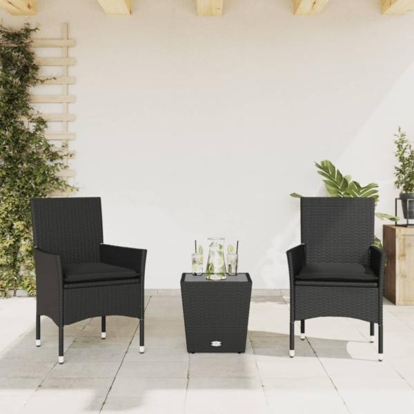 vidaXL 3-tlg. Bistro-Set mit Kissen Schwarz Poly Rattan und Glas 3278740