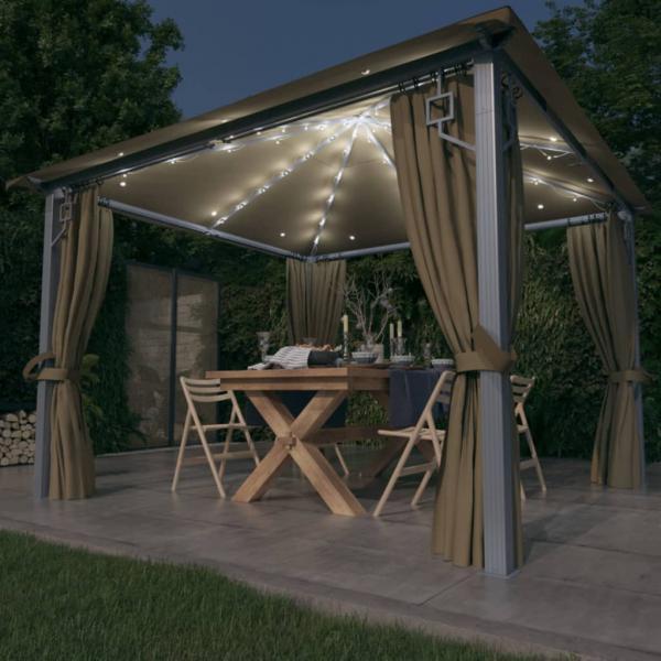 vidaXL Pavillon mit Vorhängen & LED-Lichterkette 300x300 cm Taupe Alu 3070334