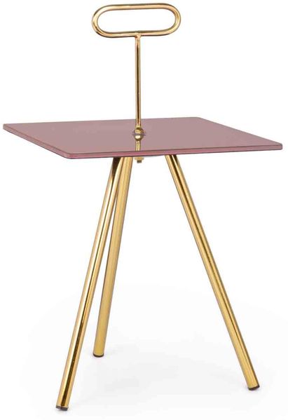 Beistelltisch Inesh aus Metall mit Glasplatte, modern, rosa quadratisch, drei Beine
