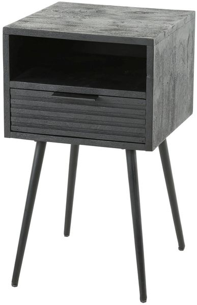 Nachttisch Lari Mangoholz massiv, modern mit geriffelter Front, Schwarz, Stauraum und Ablage