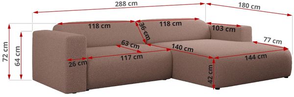 Ecksofa PASADENA, freistehendes Ecksofa, breite Armlehnen, Federsitz - rechts - Rosa Boucle Bild 8