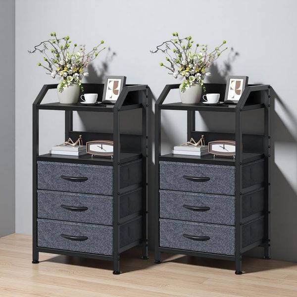 Feonase Nachttisch 2er Set mit 3 Stoff-Schubladen & offenem Fach, kleine Kommode & Beistelltisch, MDF-Nachtschrank für Schlafzimmer, Wohnzimmer, Dunkelgrau