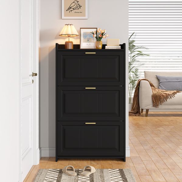 Schuhschrank 70 x 24 x 120 cm in Schwarz, aus MDF und Spanplatte, mit 3 Klappfächern und Schublade