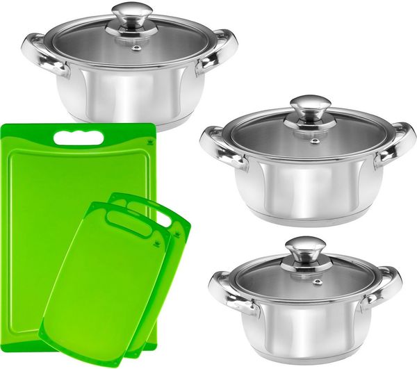 KING Topf-Set EDELSTAHL, Edelstahl (Set, 9-tlg, 3 Töpfe Ø 16/18/20 cm inkl. Glasdeckel, 3 Schneidbretter), Induktion