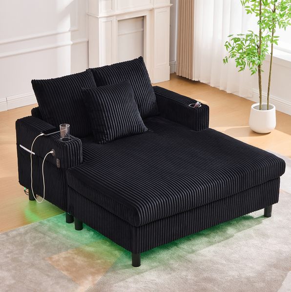 Relaxsessel 142x128x85 cm mit USB, Getränkehalter und LED-Licht – Cordstoff in Schwarz