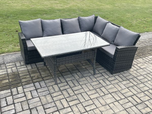Fimous 6 Sitzer Garten Rattanmöbel Ecksofa Esstisch Set mit Vorgespanntes Glas und Kissen