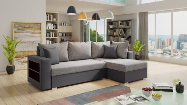 Ecksofa Lord mit Regal und Schlaffunktion - Sofa mit Bettkasten, Schlafsofa, Polsterecke, Couch L-Form, Couchgarnitur, Sofagarnitur (Grau + Grau (Dolaro 04 + Berlin 01), Ecksofa Rechts)