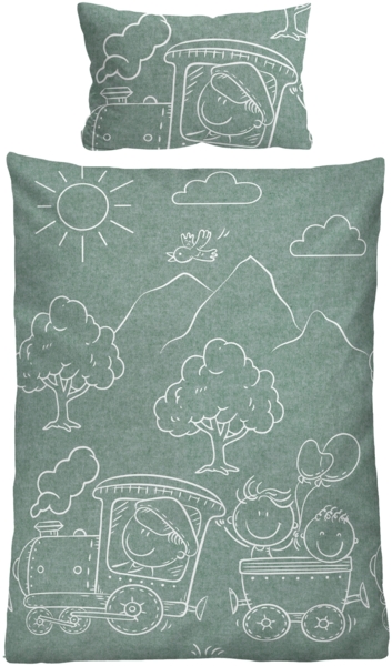 biberna Melange-Flanell Bettwäsche 0840521 LOKOMOTIVE, fichte, 1x 100x135 cm + 1x 40x60 cm