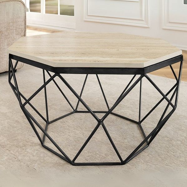 Exklusiver Couchtisch BIJOUX ca. 70cm beige Travertin Handarbeit schwarz Eisengestell
