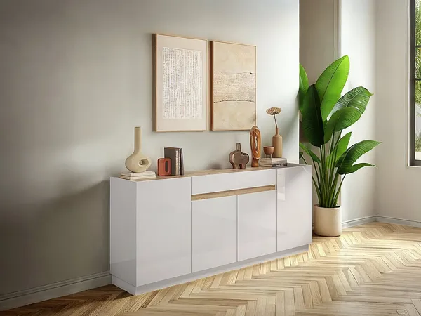 Vente-unique - EMORA Sideboard Holz, Platte BeigeWeiß - B 40 cm x H 87 cm x L 205 cm