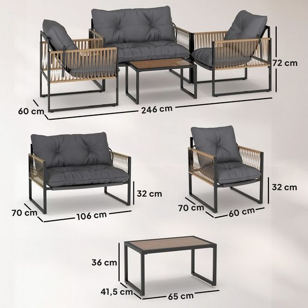 Outsunny Sitzgruppe 4 tlg. Rattan Gartenmöbel-Set mit 1 Couchtisch, 2 Sesseln, Zweisitzer, (Garten Lougen Set, 4-tlg, Gartengarnitur), für Garten, Terrasse, Stahl, Braun Bild 3