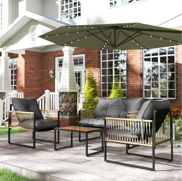 Outsunny Sitzgruppe 4 tlg. Rattan Gartenmöbel-Set mit 1 Couchtisch, 2 Sesseln, Zweisitzer, (Garten Lougen Set, 4-tlg, Gartengarnitur), für Garten, Terrasse, Stahl, Braun