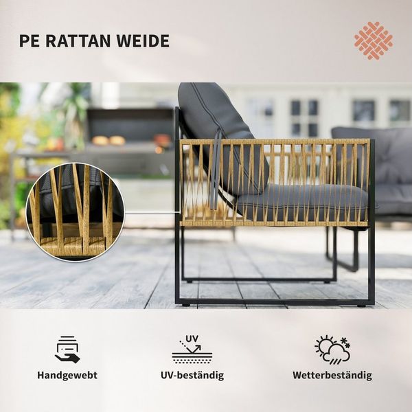 Outsunny Sitzgruppe 4 tlg. Rattan Gartenmöbel-Set mit 1 Couchtisch, 2 Sesseln, Zweisitzer, (Garten Lougen Set, 4-tlg, Gartengarnitur), für Garten, Terrasse, Stahl, Braun Bild 4