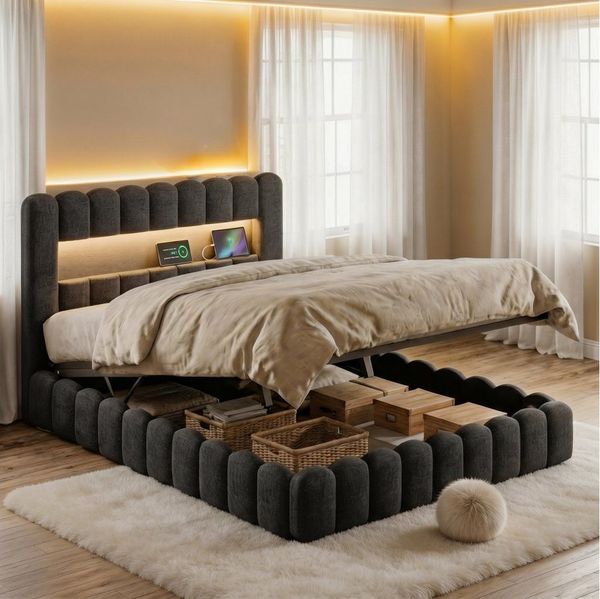 PXloue Polsterbett Doppelbett Jugendbett (ohne Matratze), Stauraumbett, Bettkasten, LED-Beleuchtung, USB-Anschluss, 180x200 cm