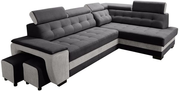 robin 'Grand' Ecksofa mit Schlaffunktion, Bettkasten & Kopfstützen, hochelastischer Schaum schwarz / silber, 277 x 180 x 86 cm